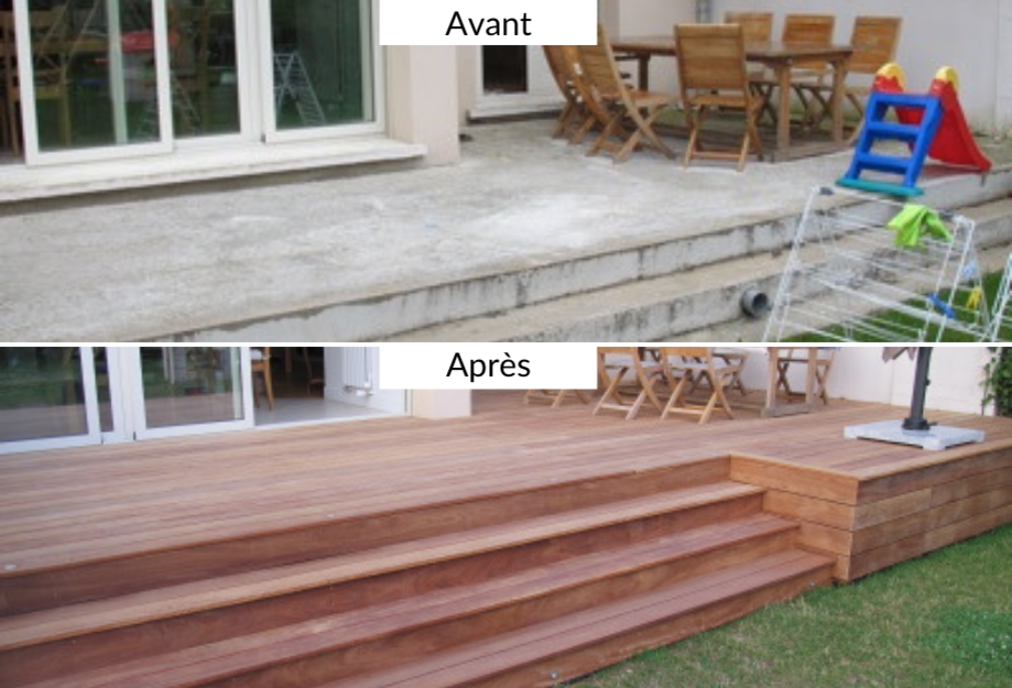 Comparatif avant/après d'une terrasse bois installée dans un jardin